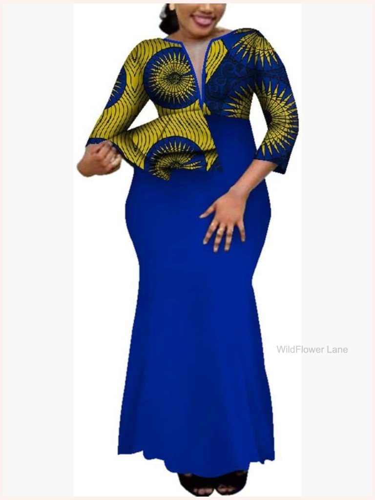 African Dashiki Deep V-Neck Maxi Dress Ethnic Floral Long Sleeve 3/4 Sleeve